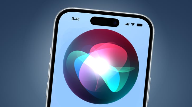 Close-up of a smartphone screen displaying Apple's Siri logo with the device's front camera and status icons visible.